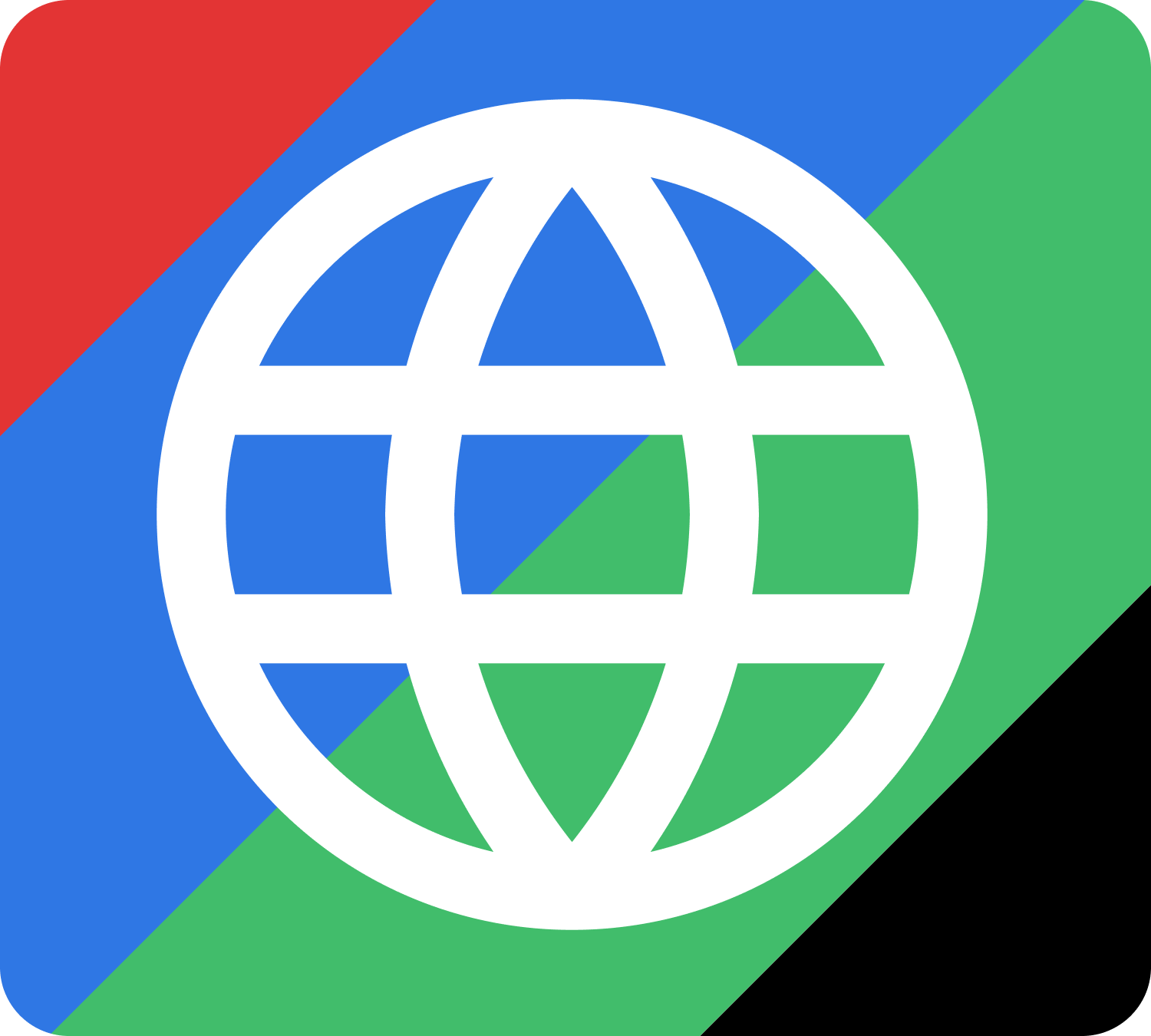 Globe outline with red, blue, green, and black diagonal background