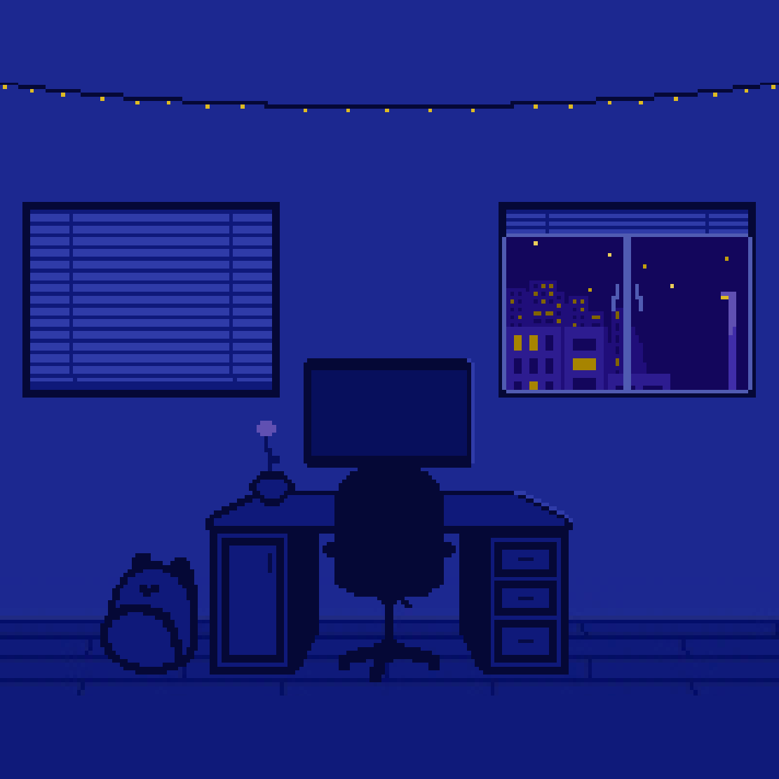 Pixelated room at night with a computer desk in the center, a closed window on the left, and an opened window on the right showing the night sky