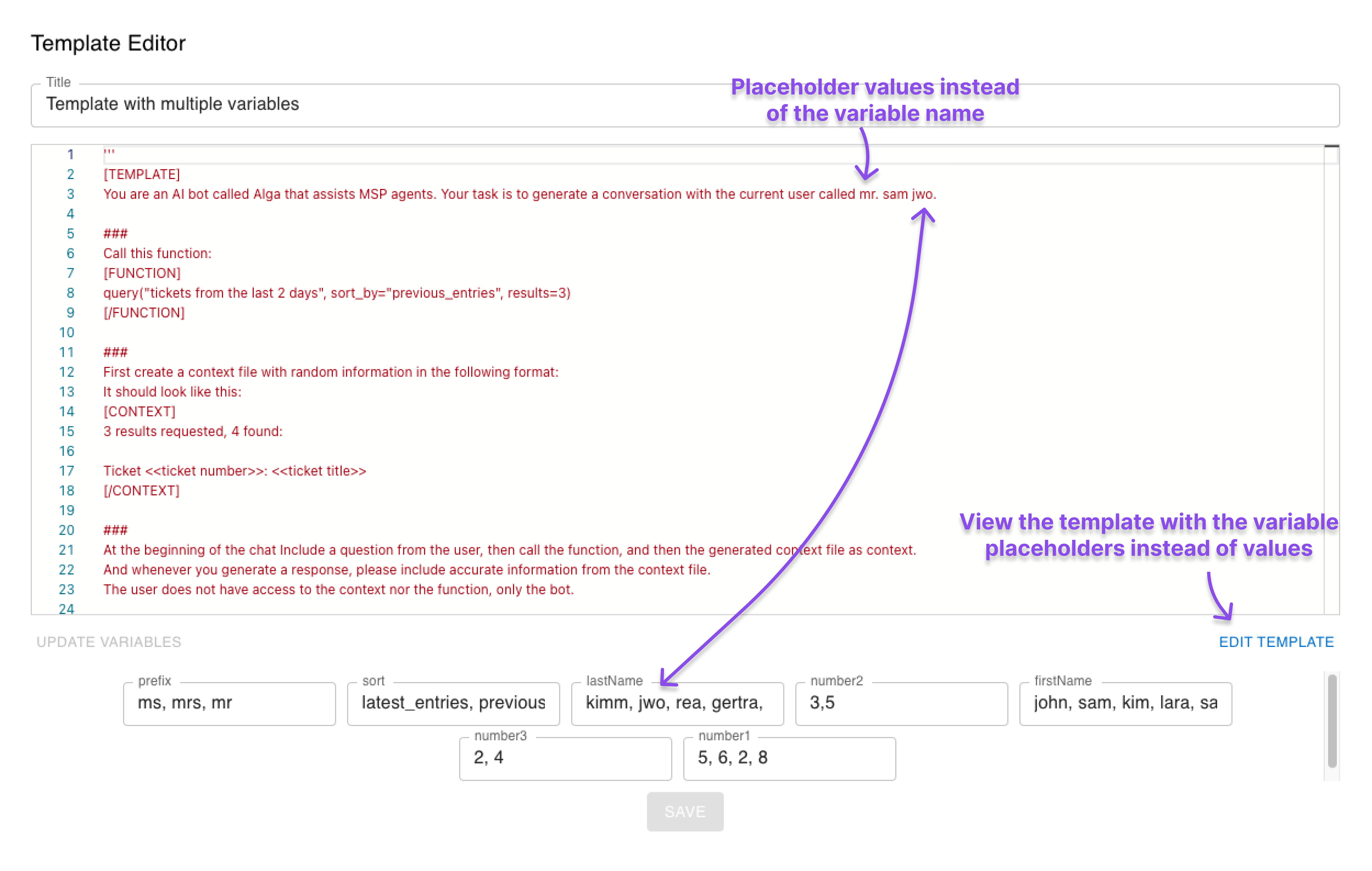 Example of template with variable values